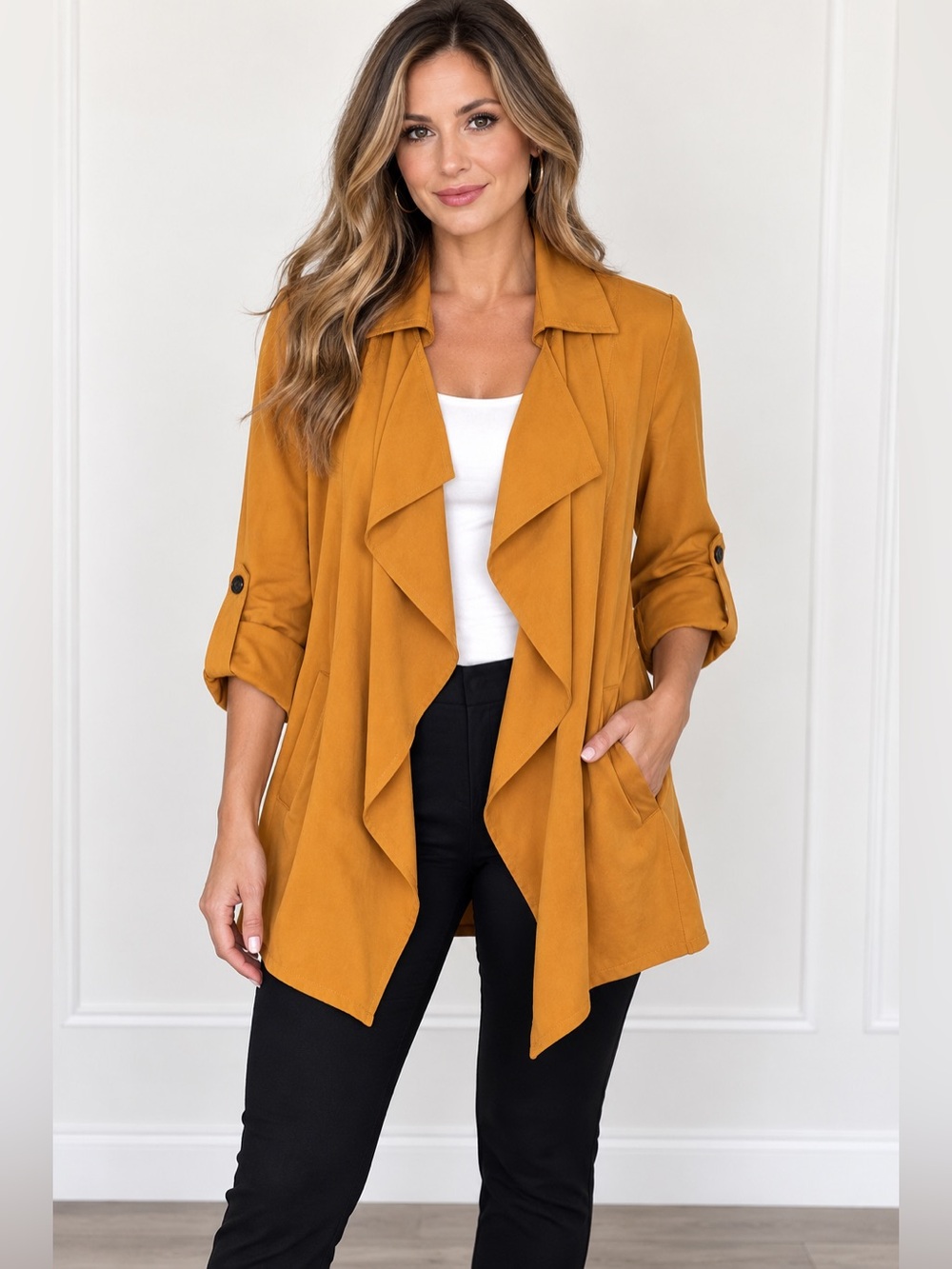 Chico's Mustard Draped Open-Front Blazer Roll-Tab Sleeves Size 0Petite (Small 4)